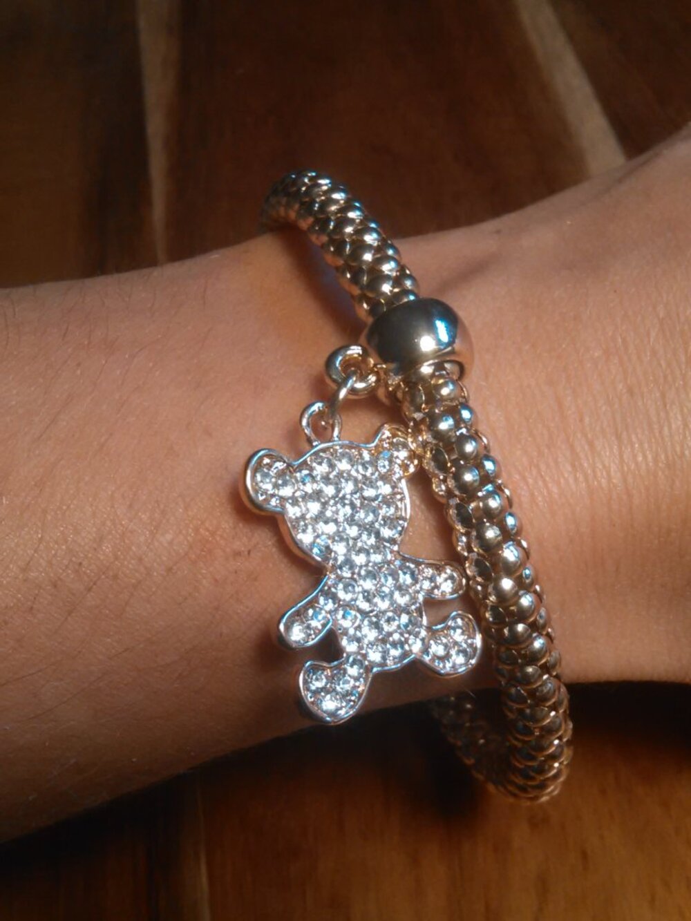 White Austrian Crystal Teddy Bear Goldtone Stretch Bracelet